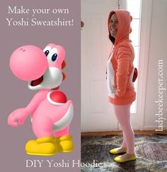 a woman in pink is standing next to an image of a cartoon character and the words, make your own yoshi sweatshirt diy yoshi hoodie