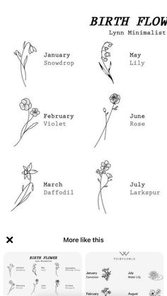 the birth flowers are shown in black and white, as well as an image of their names