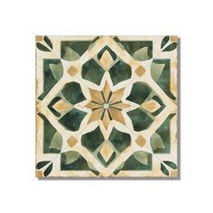 a green and white tile design with an intricate flower pattern on the bottom half of it