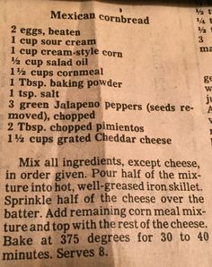 the recipe for mexican cornbread is shown in an old newspaper