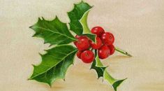 a painting of holly with red berries and green leaves