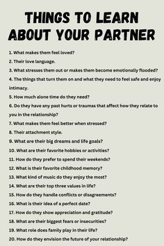 20 things to learn about your partner How To Be The Best Partner, Things To Learn About Your Partner, Things To Ask Your Partner, Things To Make Your Partner, How To Be A Good Partner, Bf Test, Partner Qualities, Connection Questions, Couples Counseling Worksheets