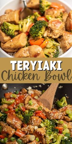 chicken teriyaki bowls with broccoli, carrots and peppers in them