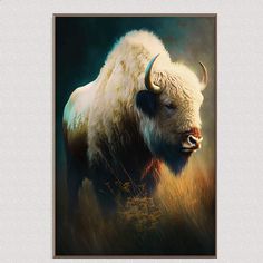 an oil painting of a bison standing in tall grass with its head turned to the side