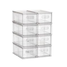 six clear drawers stacked on top of each other