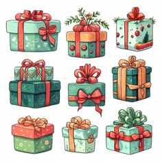 a bunch of wrapped presents with bows and ribbons