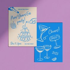 two new year's eve party greeting cards on a purple and blue background with wine glasses