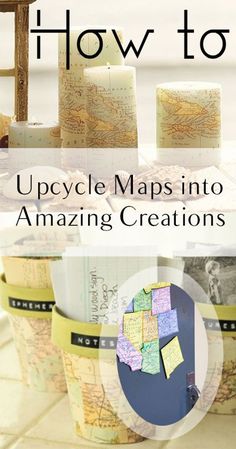 the cover of how to upcycle maps into amazing creations, with pictures of books in baskets