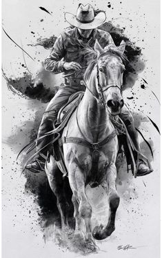 a black and white drawing of a cowboy riding a horse