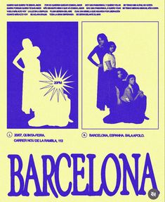 the poster for barcelona is shown in blue and yellow, with an image of two women standing