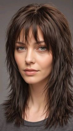 "A textured lob adds movement and dimension, creating a voluminous look."   #ModernCut #SleekLob #ClassicCut #ChoppyBob #PlayfulBangs #BeachyLob #WavyBob #HighVolumeCut #SoftLayers #TexturedCut #EffortlessHair #FeatheredLayers #ChicStyle #PolishedLook #SharpEdges #PixieBob #BohoVibe #CarefreeHair #ShortLob #LayeredBob Long Shag Hairstyles With Bangs, Long Fringe Haircut, Modern Shag Haircuts Long, Textured Shag Haircut, Long Layered Hair Styles, Long Textured Haircut, Womens Hair Cuts, Long Shaggy Haircuts, Shag Haircuts For Women