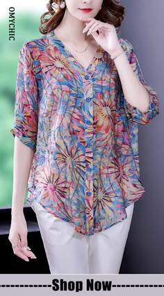 Plus Size Blue V Neck Button Print Chiffon Shirt Top Half Sleeve Women Blouses Fashion Casual, Fashion Tops Blouse, Designs For Dresses, Stylish Dress Designs, Top Trending