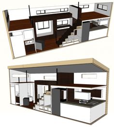 two renderings of a kitchen and living room in a small house with stairs leading up to the second floor