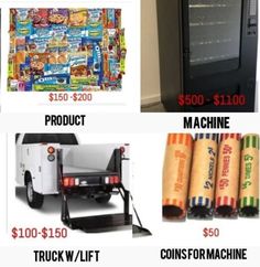 there are many different types of food items on this page, including machines and packages