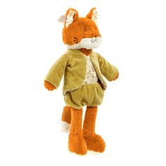 a stuffed animal that looks like a fox is wearing a yellow outfit with white lace on it's chest