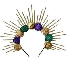 Enhance your Mardi Gras celebration with this stunning Mardi Gras Flower Halo Crown Headband. Perfect for parades, parties, and themed events, this headband features a beautiful arrangement of vibrant flowers in traditional Mardi Gras colors. The comfortable and stylish design ensures it stays in place, making it the perfect accessory to complete your festive look. Stand out in the crowd and embrace the spirit of Mardi Gras with this eye-catching flower halo crown headband. Led Flower Crown, Mardi Gras Colors, Prom Tiaras, Pageant Crowns, Flower Headdress, Led Flower, Place Making, Crown For Women, Halo Crown