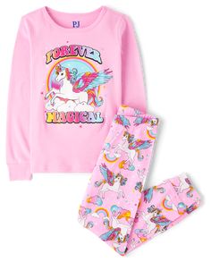 FABRICATION: 100% rib-knit cotton, imported PAJAMA TOP: Crew neck, long sleeves with banded cuffs, 'Forever Magical' with unicorn graphic design PAJAMA PANTS: Pull-on elasticized waistband, banded cuffs, unicorn print Note: For child's safety, garment should fit snugly. This garment is not flame resistant. Loose fitting garment is more likely to catch fire. OEKO-TEX® STANDARD 100 Certified OEKO-TEX® Certification Number: SH020 203034 TESTEX. Girls Long Sleeve Unicorn Snug Fit Cotton Pajamas | Th Long Pants Outfit, Unicorn Graphic, Cotton Pajamas, Girls Sleepwear, Knitted Hood, Unicorn Print, Sleepwear Sets, Cotton Pyjamas