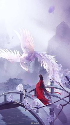 a woman in a red dress standing on a bridge with a white bird flying over her