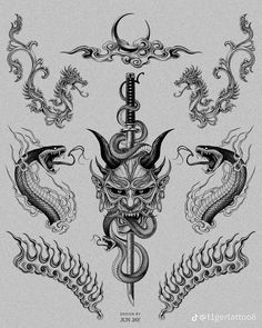 Tattoo Ideas For 4 People, Blackwork Spine Tattoo, Snake Back Tattoo, Oni Tattoo, Torso Tattoos, Tattoo Inspiration Men, Geniale Tattoos, Samurai Tattoo, Tattoo Style Drawings