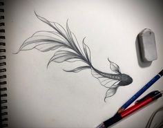 a pencil drawing of a fish with feathers on it's tail and two pens