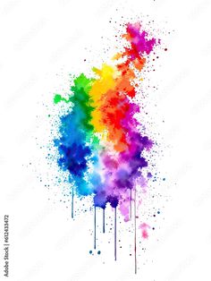 colorful paint splattered with watercolors on white paper, in the shape of a rainbow