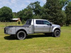 a silver truck parked on top of a lush green field next to a tree filled field