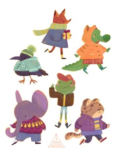 four different animals wearing sweaters and hats, one in the middle with a bird on it