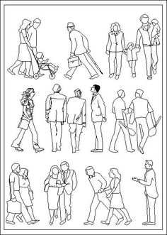 the silhouettes of people walking and talking to each other in different poses, with one man