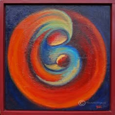 an abstract painting in red, blue and orange colors with a white circle at the center