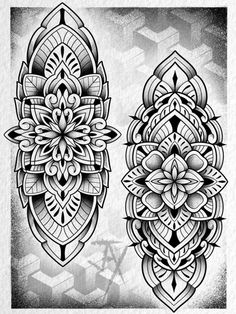 two ornamental designs on a white paper with black and grey ink, one has an intricate design