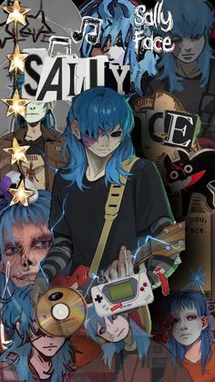 an anime character with blue hair holding a game controller and surrounded by many other characters