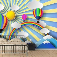 an image of a bedroom setting with hot air balloons in the sky and rainbows