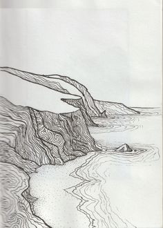 an ink drawing of a beach with waves