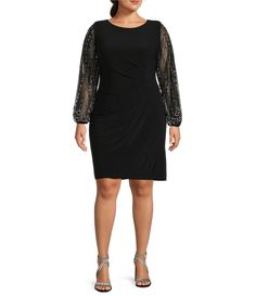 From Marina Plus&#x2C; this dress features:Jersey fabrication Round necklineBeaded long sleevesLinedCenter back zip closureApprox. 40'' lengthPolyester/spandexHand washImported. Beaded Sleeves, Dillard's, Cocktail Dress Party, Sheath Dress, Mother Of The Bride, Plus Size Dresses, Round Neckline, Party Dress, Latest Trends