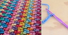 crochet stitches are being used to make a colorful afghan rug and the knitting needle is next to it