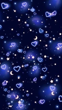 blue hearts and stars in the night sky