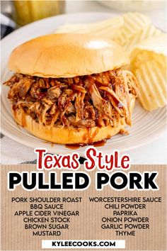 the flyer for texas style pulled pork is shown on a plate with potato wedges