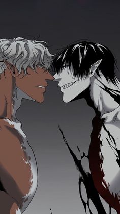 two anime characters one with white hair and the other without his shirt, are facing each other