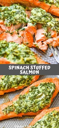 the process of making spinach stuffed salmon is shown in three different stages, including being cooked