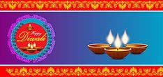 happy diwali greeting card with three lit candles on blue and red background for diwali festival