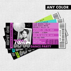 two tickets for a dance party with an image of a woman on the front and back