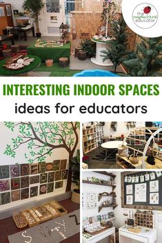 the inside of an indoor space with lots of trees and pictures on the walls, including bookshelves