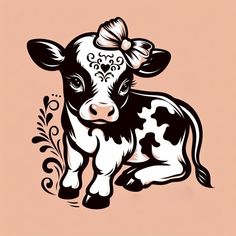 a black and white cow with a bow on it's head sitting in front of a pink background