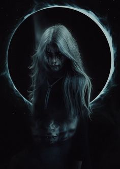 a woman with long hair standing in front of a moon