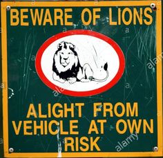 a sign warning people to beware of lions in the wild, with an image of a lion on it