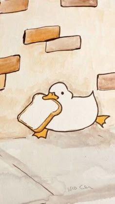 a drawing of a duck in front of a brick wall with bricks on it's side