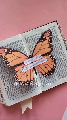 an open book with a butterfly cut out of it's pages on top of a pink background