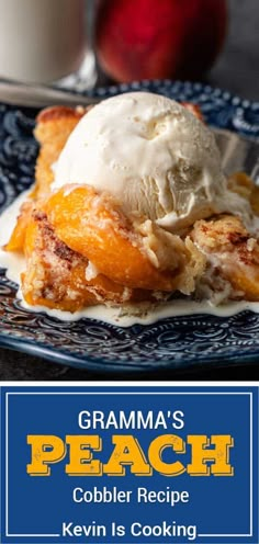 a blue and white plate topped with ice cream