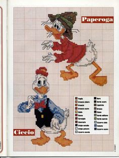 an old cross stitch pattern with donald and daisy duck in the same color as each other