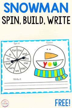 a snowman spin, build, write activity with free printables for kids